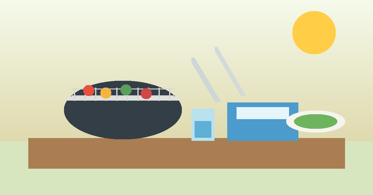 Illustration d’un barbecue d’été avec une grille propre, des légumes, une glacière et un verre d’eau sur une table en extérieur