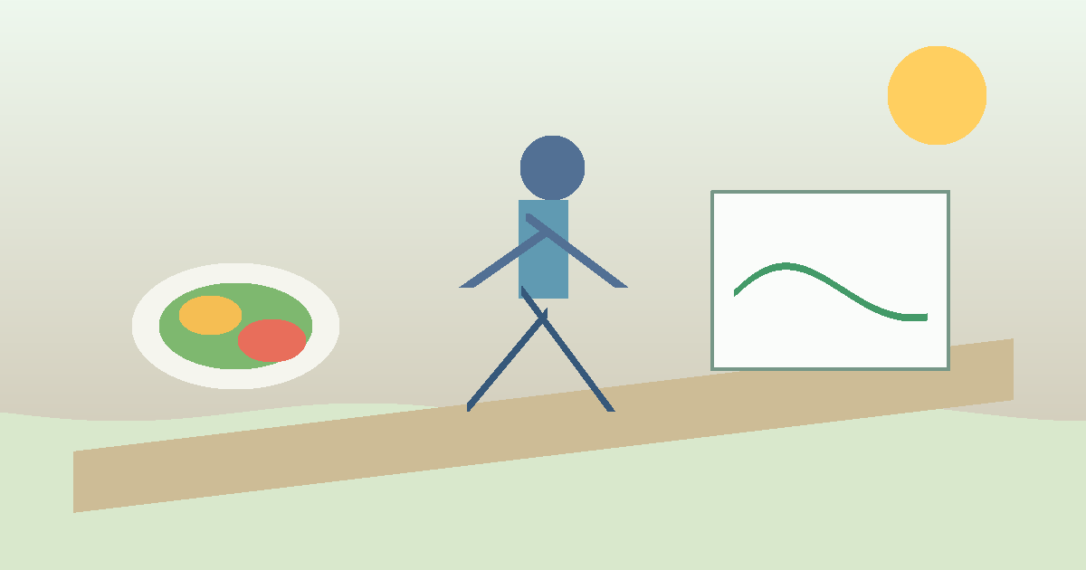 Illustration d’une personne marchant doucement après un repas, avec une assiette équilibrée et un repère de glycémie