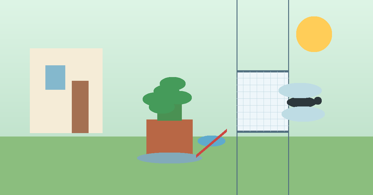 Illustration d’un jardin avec une coupelle d’eau vidée, une moustiquaire et un moustique stylisé