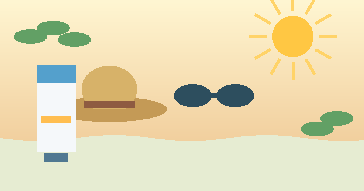Illustration d’un chapeau, de lunettes de soleil et d’un tube de crème solaire sous un soleil doux
