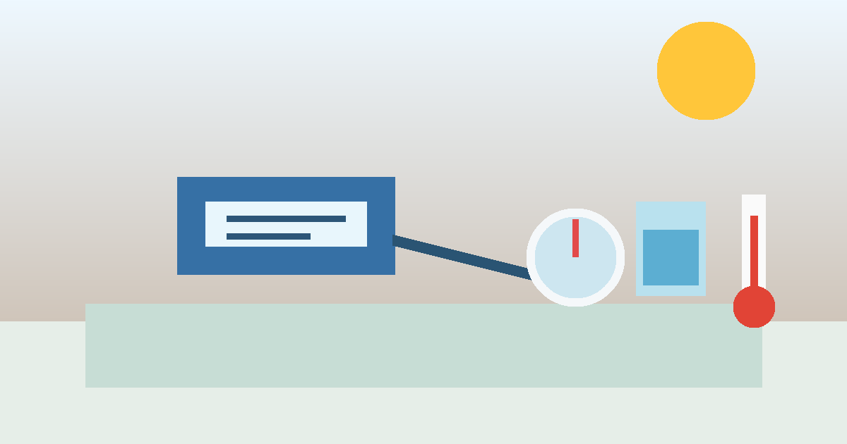 Illustration d’un tensiomètre posé près d’un verre d’eau et d’un thermomètre pendant une journée chaude